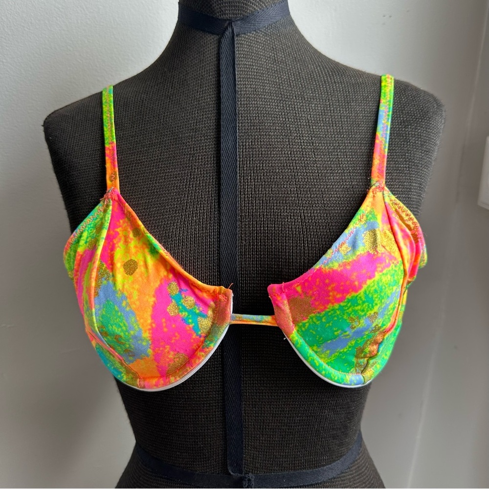 New Old Stock Vintage 90S Neon Rainbow Gold Foil Sin-Sations Bikini Top Sz L
